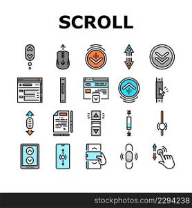 Scroll Computer Mouse Cursor Icons Set Vector. Mobile And Web Page Scroll, Page Navigation And Screen, Button Click And Gesture Hand Line. Scrolling And Clicking Color Illustrations. Scroll Computer Mouse Cursor Icons Set Vector