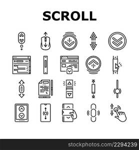 Scroll Computer Mouse Cursor Icons Set Vector. Mobile And Web Page Scroll, Page Navigation And Screen, Button Click And Gesture Hand Line. Scrolling And Clicking Black Contour Illustrations. Scroll Computer Mouse Cursor Icons Set Vector