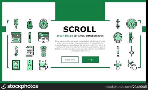 Scroll Computer Mouse Cursor Landing Web Page Header Banner Template Vector. Mobile And Web Page Scroll, Page Navigation And Screen, Button Click And Gesture Hand. Scrolling And Clicking Illustration. Scroll Computer Mouse Cursor Landing Header Vector