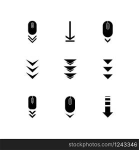 Scroll down buttons black glyph icons set on white space. Internet page browsing and download indicators. Computer mouse and downward arrows. Silhouette symbols. Vector isolated illustration