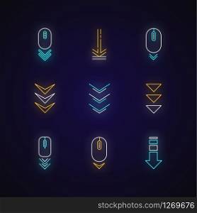 Scroll down buttons neon light icons set. Internet page browsing and download indicators. PC elements with arrowheads. Signs with outer glowing effect. Vector isolated RGB color illustrations