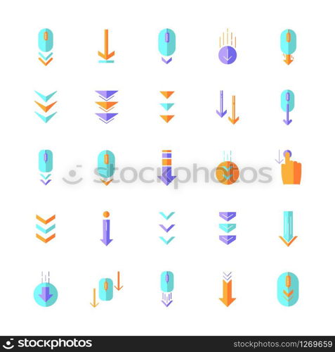 Scroll down flat design cartoon RGB color icons set. Internet page browsing and download indicators. Downward arrows. Website pointer. PC mouse with arrowheads. Vector silhouette illustrations