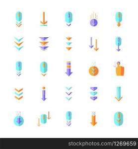 Scroll down flat design cartoon RGB color icons set. Internet page browsing and download indicators. Downward arrows. Website pointer. PC mouse with arrowheads. Vector silhouette illustrations