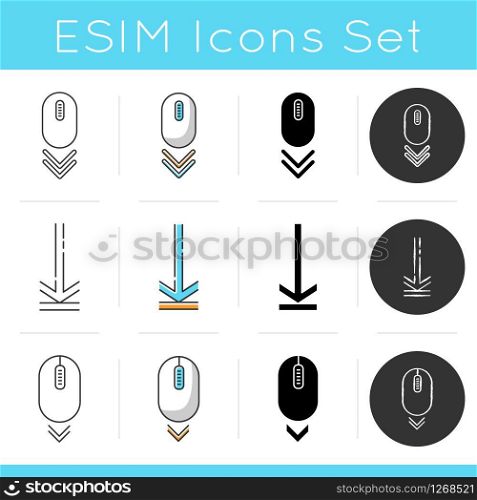 Scroll down icons set. Internet page browsing and download indicators. Downward arrows. Web cursor. PC mouse with arrowheads. Linear, black and RGB color styles. Isolated vector illustrations