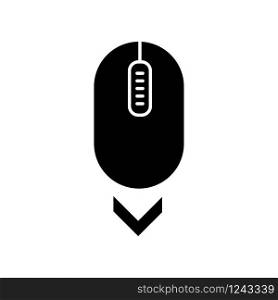 Scroll down mouse black glyph icon. Internet page browsing and scrolling. Website pointer. PC mouse with buttons and wheel . Silhouette symbol on white space. Vector isolated illustration