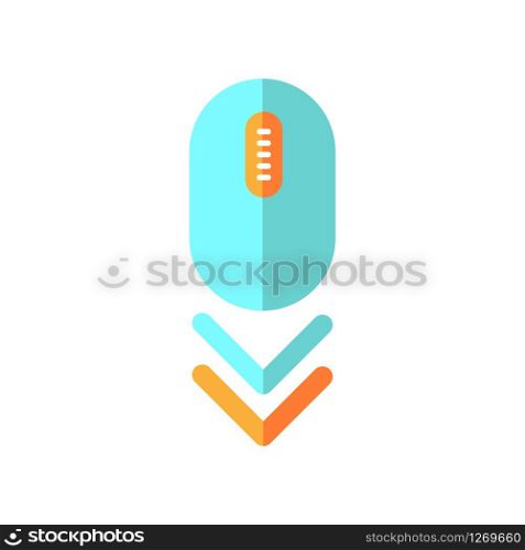 Scroll down mouse flat design cartoon RGB color icon. Internet page browsing double arrow. Modern computer equipment with buttons and wheel. Web cursor. PC mouse. Vector silhouette illustration