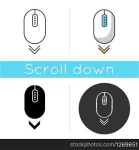 Scroll down mouse icon. Internet page browsing and scrolling. Web cursor pointing down direction. Website pointer. PC mouse. Linear black and RGB color styles. Isolated vector illustrations