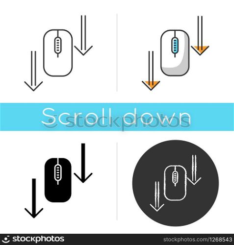 Scroll down mouse icon. Internet page browsing arrows. Scrolldown gesture indicator. Web cursor. PC mouse and arrowheads. Linear black and RGB color styles. Isolated vector illustrations