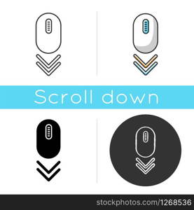 Scroll down mouse icon. Internet page browsing double arrow. Modern computer equipment with buttons and wheel. Website pointer. Linear black and RGB color styles. Isolated vector illustrations