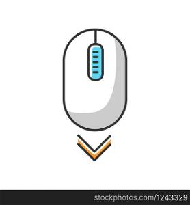 Scroll down mouse white RGB color icon. Internet page browsing and scrolling. Web cursor pointing down direction. Website pointer. PC mouse with buttons and wheel . Isolated vector illustration