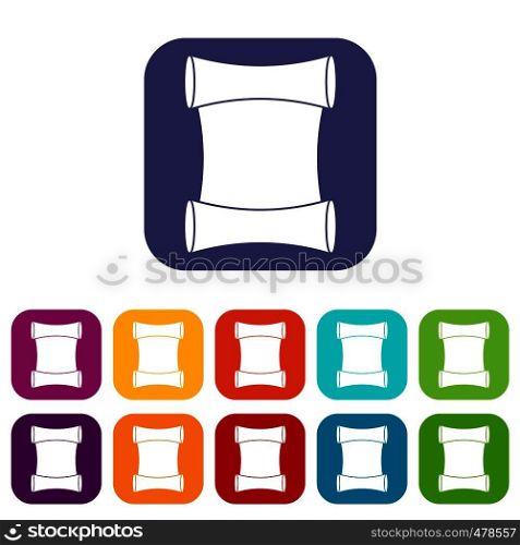Scroll icons set vector illustration in flat style in colors red, blue, green, and other. Scroll icons set