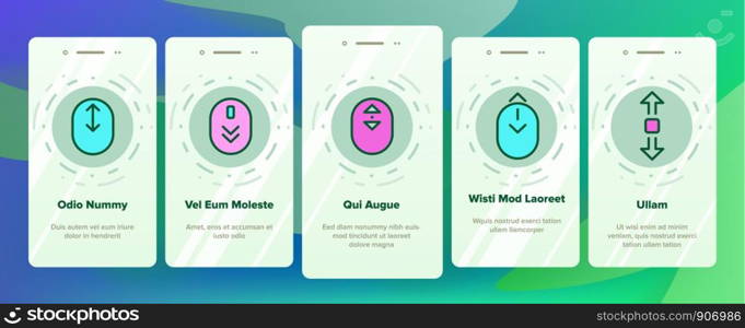 Scroll Onboarding Mobile App Page Screen Icons Set Vector. Computer Mouse Device And Web Site Page Up And Down Scroll Linear Pictograms. Interface Elements Illustrations. Scroll Onboarding Vector