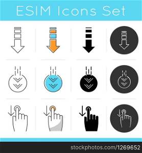 Scrolldown icons set. Swipe down indicators for smartphone touchscreen. Arrows mobile app interface navigational buttons. Linear, black and RGB color styles. Isolated vector illustrations