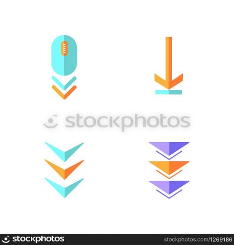 Scrolling down and uploading indicators flat design cartoon RGB color icons set. Computer mouse and arrowheads. Scrolldown gesture. Website page cursor. Vector silhouette illustrations
