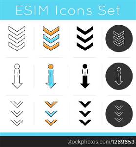 Scrolling down and uploading indicators icons set. Arrowheads in circles. Scrolldown gesture. Arrows buttons. Website page cursor. Linear, black and RGB color styles. Isolated vector illustrations