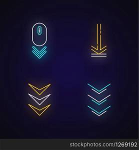 Scrolling down and uploading indicators neon light icons set. Arrows interface navigation buttons. Website page cursor. Signs with outer glowing effect. Vector isolated RGB color illustrations