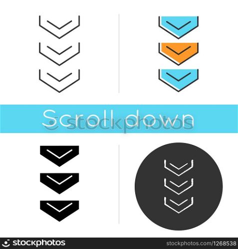 Scrolling down arrows button icon. Three downward arrowheads. Downloading process indicator for website page. Scrolldown web cursor. Linear black and RGB color styles. Isolated vector illustrations
