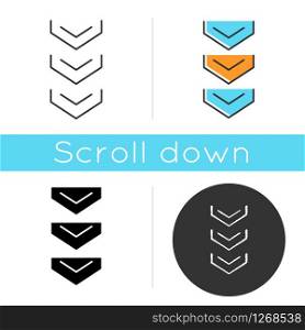 Scrolling down arrows button icon. Three downward arrowheads. Downloading process indicator for website page. Scrolldown web cursor. Linear black and RGB color styles. Isolated vector illustrations