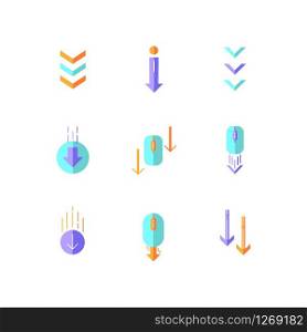 Scrolling down arrows flat design cartoon RGB color icons set. Computer mouse and arrowheads in circles buttons. Internet page browsing and download indicators. Vector silhouette illustrations