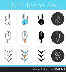 Scrolling down arrows icons set. Computer mouse and arrowheads in circles buttons. Internet page browsing and download indicators. Linear, black and RGB color styles. Isolated vector illustrations