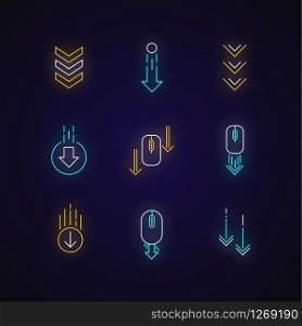 Scrolling down arrows neon light icons set. Computer mouse and arrowheads in circles buttons. Web cursor. PC elements. Signs with outer glowing effect. Vector isolated RGB color illustrations