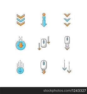 Scrolling down arrows RGB color icons set. Computer mouse and arrowheads in circles buttons. Internet page browsing and download indicators. Web cursor. PC elements. Isolated vector illustrations
