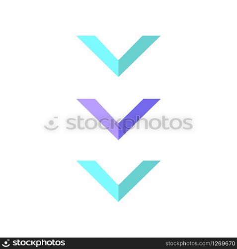 Scrolling down button flat design cartoon RGB color icon. Three downward arrows for mobile app interface. Downloading process indicator. Arrowheads, cursor. Vector silhouette illustration