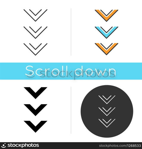 Scrolling down button icon. Three downward arrows for mobile app interface. Downloading process indicator. Scrolldown web cursor. Linear black and RGB color styles. Isolated vector illustrations