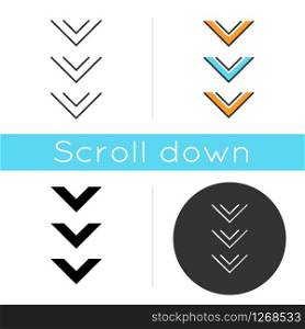 Scrolling down button icon. Three downward arrows for mobile app interface. Downloading process indicator. Scrolldown web cursor. Linear black and RGB color styles. Isolated vector illustrations