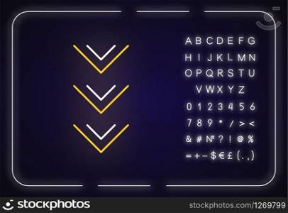 Scrolling down button neon light icon. Arrowheads, scrolldown web cursor, indicator. Outer glowing effect. Sign with alphabet, numbers and symbols. Vector isolated RGB color illustration