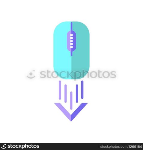 Scrolling down computer mouse flat design cartoon RGB color icon. Internet page browsing arrow. Scrolldown gesture indicator. Web cursor. PC mouse and moving arrowhead. Vector silhouette illustration