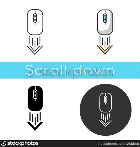Scrolling down computer mouse icon. Internet page browsing arrow. Scrolldown gesture indicator. Website pointer. Web cursor. Linear black and RGB color styles. Isolated vector illustrations