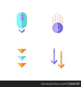Scrolling down flat design cartoon RGB color icons set. Computer mouse and arrowheads in circles buttons. Moving arrows. Cursor and download indicators. Vector silhouette illustrations