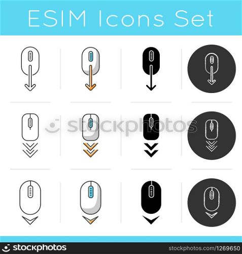 Scrolling down icons set. Computer mouse and arrowheads buttons. Moving arrows. Cursor and download indicators. Way direction. Linear, black and RGB color styles. Isolated vector illustrations