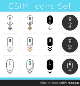 Scrolling down icons set. Computer mouse and arrowheads buttons. Moving arrows. Cursor and download indicators. Way direction. Linear, black and RGB color styles. Isolated vector illustrations
