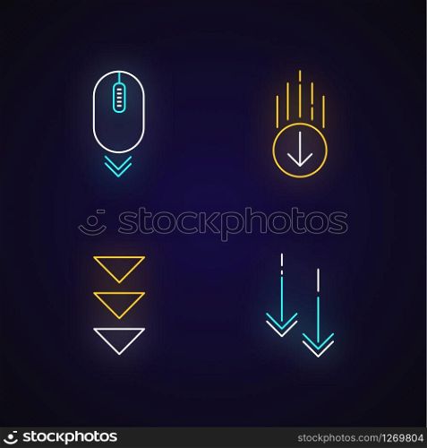 Scrolling down neon light icons set. Computer mouse and arrowheads in circles buttons. Way direction. Cursor, indicator. Signs with outer glowing effect. Vector isolated RGB color illustrations