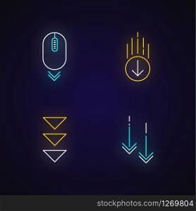 Scrolling down neon light icons set. Computer mouse and arrowheads in circles buttons. Way direction. Cursor, indicator. Signs with outer glowing effect. Vector isolated RGB color illustrations
