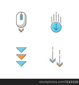 Scrolling down RGB color icons set. Computer mouse and arrowheads in circles buttons. Moving arrows. Web page browsing cursor and download indicators. Way direction. Isolated vector illustrations