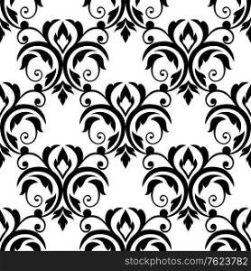 Scrolling floral design elements in a repeat black and white seamless pattern in square format suitable for tiles, textile and wallpaper design