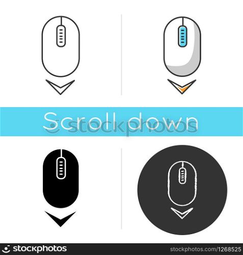 Scrolling mouse icon. Down arrowhead indicator. Internet page browsing cursor. Modern computer element. Website pointer. Linear black and RGB color styles. Isolated vector illustrations