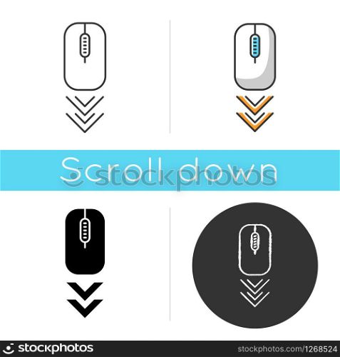 Scrolling mouse icon. Internet page browsing gesture, down arrowheads indicator. PC mouse and double arrow. Web cursor. Linear black and RGB color styles. Isolated vector illustrations