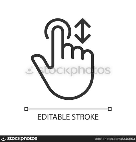 Scrolling vertically pixel perfect linear icon. Move down and up. Touchscreen control gesture. Thin line illustration. Contour symbol. Vector outline drawing. Editable stroke. Arial font used. Scrolling vertically pixel perfect linear icon