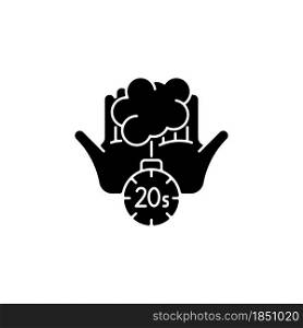 Scrub hands for twenty seconds black glyph icon. Clearing out germs. Rubbing hands under warm water. Soap molecules destroying viruses. Silhouette symbol on white space. Vector isolated illustration. Scrub hands for twenty seconds black glyph icon