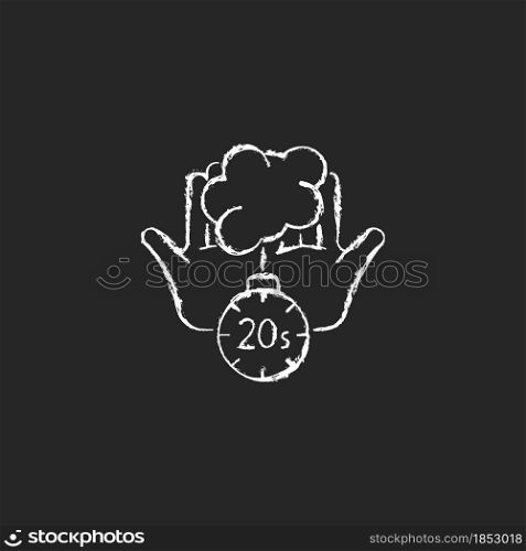 Scrub hands for twenty seconds chalk white icon on dark background. Clearing out germs. Rubbing hands under warm water. Soap destroying viruses. Isolated vector chalkboard illustration on black. Scrub hands for twenty seconds chalk white icon on dark background