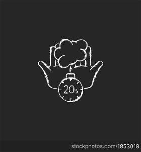 Scrub hands for twenty seconds chalk white icon on dark background. Clearing out germs. Rubbing hands under warm water. Soap destroying viruses. Isolated vector chalkboard illustration on black. Scrub hands for twenty seconds chalk white icon on dark background