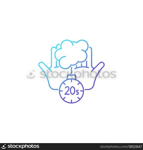 Scrub hands for twenty seconds gradient linear vector icon. Clearing out germs. Rubbing hands under warm water. Thin line color symbol. Modern style pictogram. Vector isolated outline drawing. Scrub hands for twenty seconds gradient linear vector icon