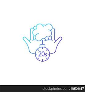 Scrub hands for twenty seconds gradient linear vector icon. Clearing out germs. Rubbing hands under warm water. Thin line color symbol. Modern style pictogram. Vector isolated outline drawing. Scrub hands for twenty seconds gradient linear vector icon