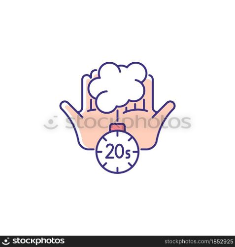 Scrub hands for twenty seconds RGB color icon. Clearing out germs. Rubbing hands under warm running water. Soap molecules destroying viruses. Isolated vector illustration. Simple filled line drawing. Scrub hands for twenty seconds RGB color icon