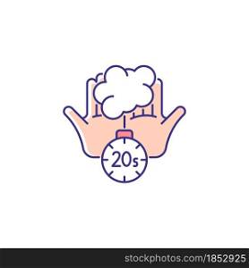 Scrub hands for twenty seconds RGB color icon. Clearing out germs. Rubbing hands under warm running water. Soap molecules destroying viruses. Isolated vector illustration. Simple filled line drawing. Scrub hands for twenty seconds RGB color icon