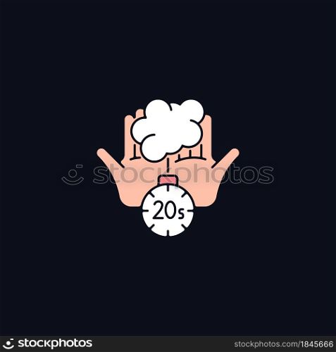 Scrub hands for twenty seconds RGB color icon for dark theme. Soap molecules destroying viruses. Isolated vector illustration on night mode background. Simple filled line drawing on black. Scrub hands for twenty seconds RGB color icon for dark theme